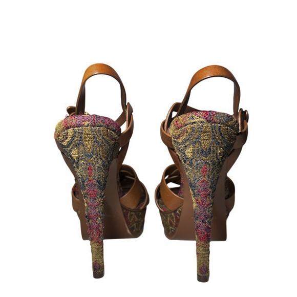 Saint Laurent Tribute 105 Calfskin Tapestry Marrakech Platform Sandals 39 Ambra - Picture 5 of 9